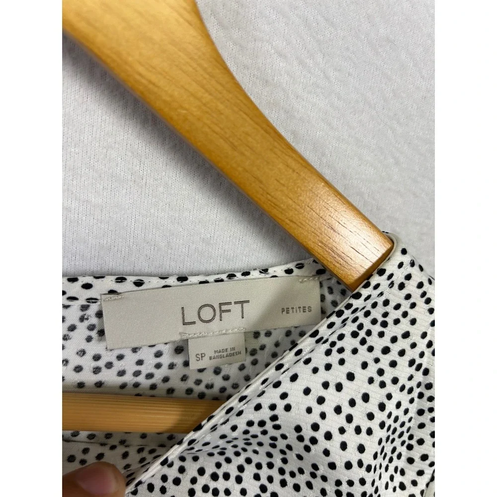 LOFT Polka Dot Office Career Womens Small Petite White Black Puff Sleeve Blouse